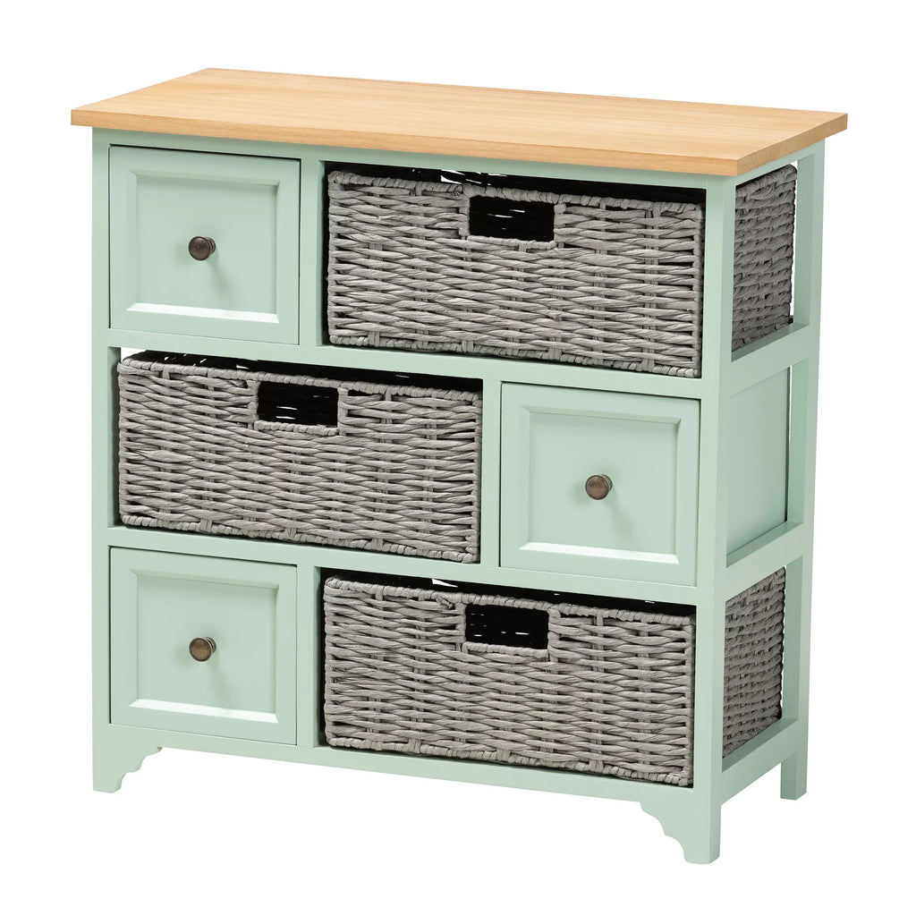 Oak Brown and Mint Green Wood 3-Drawer Storage Unit with Baskets H33711