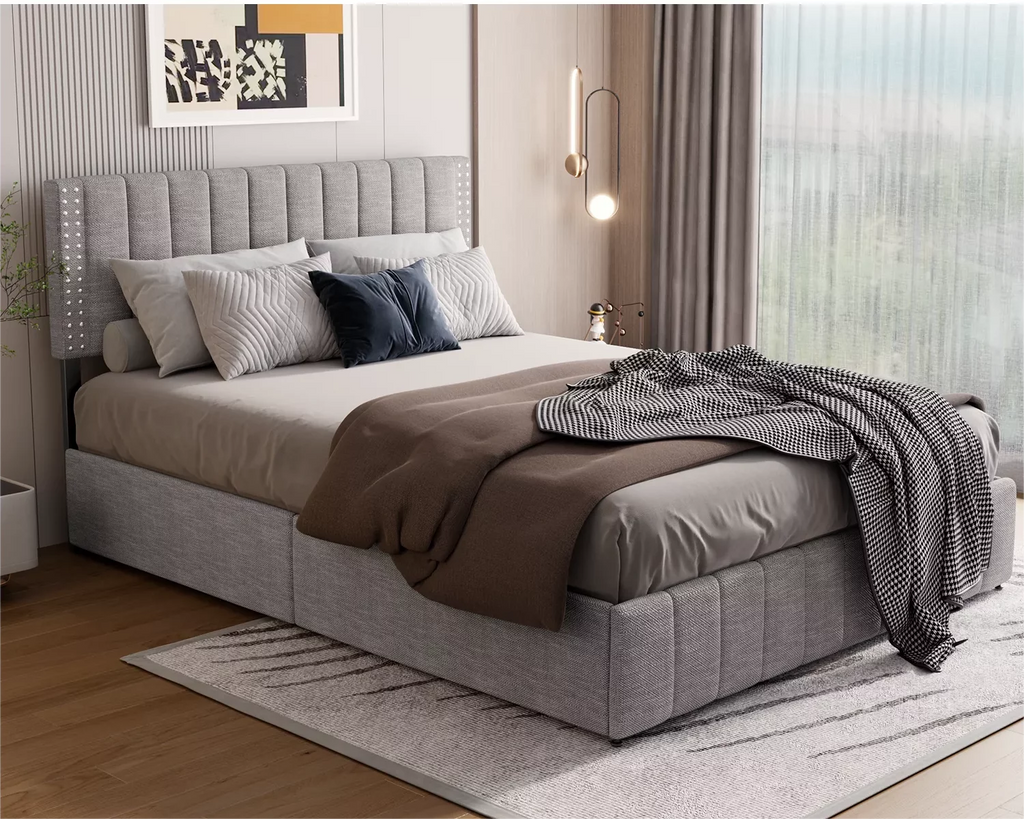 Queen Bed Frame with Adjustable Headboard and 4 Storage Drawers A9018