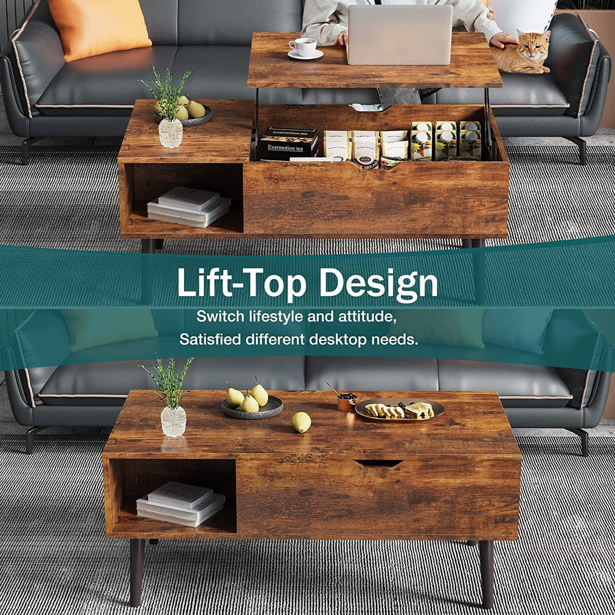 Adjustable Height Wooden Coffee Table with Hidden Compartments and Shelves A365179