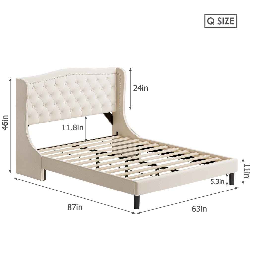 King Bed Frame with Wing-Back Button Tufted Upholstered Headboard A624594