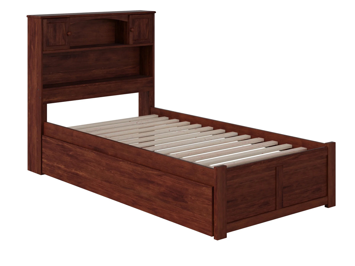 Twin Solid Wood Platform Bed with Footboard & Trundle in Walnut Q127