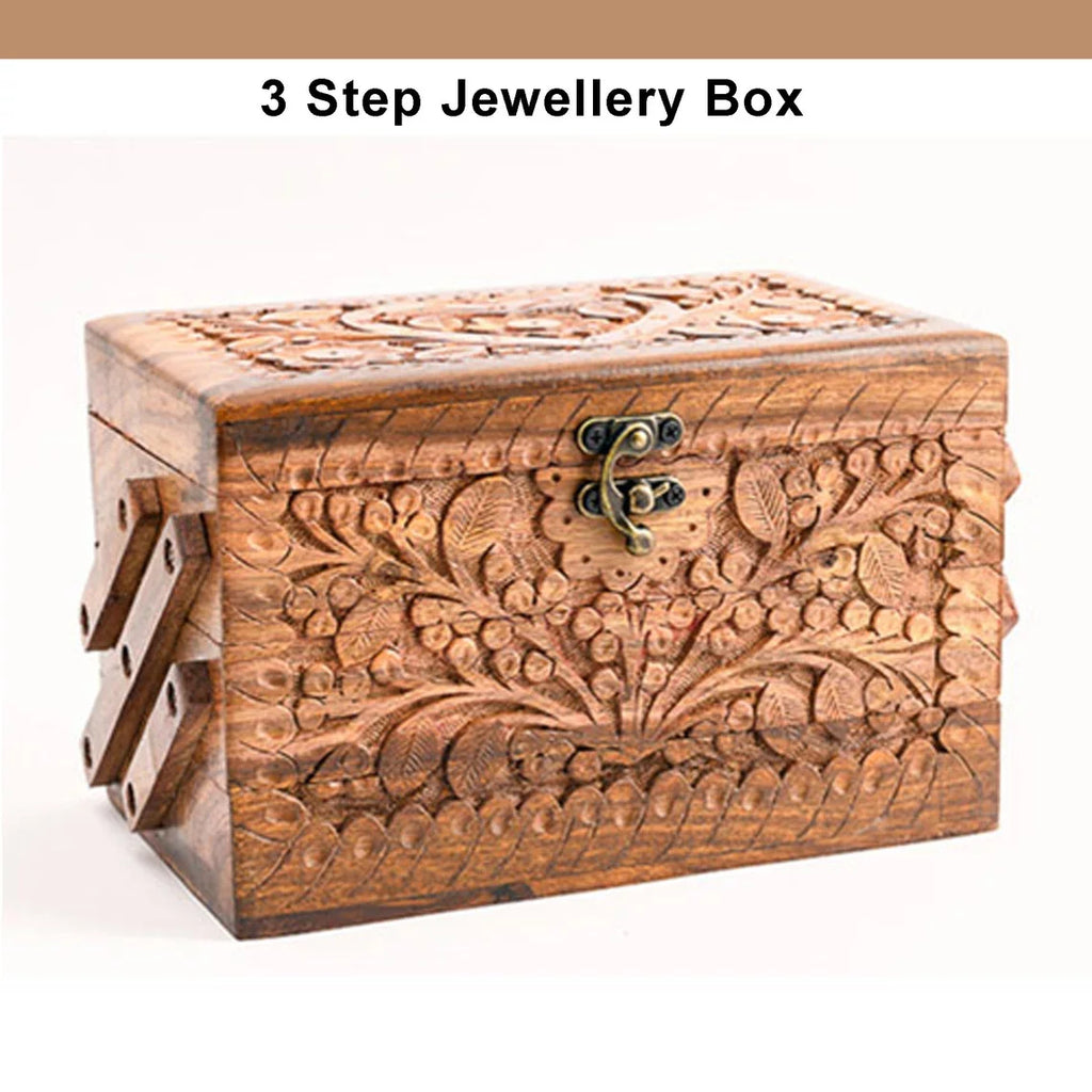 Hand Carved Wooden Jewelry Organizer with Lock U2492