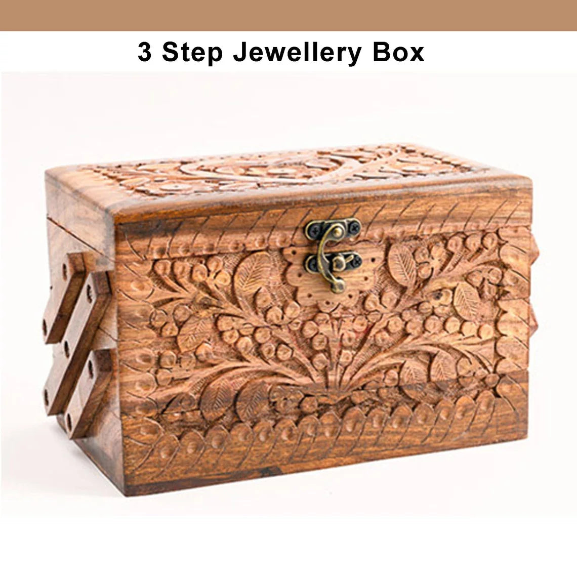 Hand Carved Wooden Jewelry Organizer with Lock U2492
