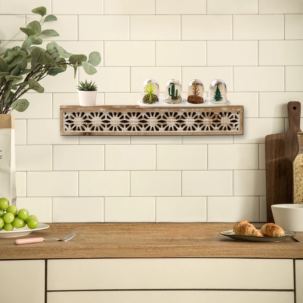 Hand-Carved Wooden Floral-Patterned Floating Wall Shelf K332442