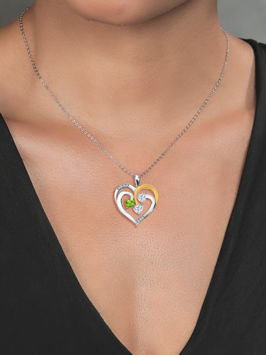 925 Two-Tone Sterling Silver Peridot and Moissanite Pendant Necklace, 1.34 Cttw, Heart Shape, 18 inch Chain W236707