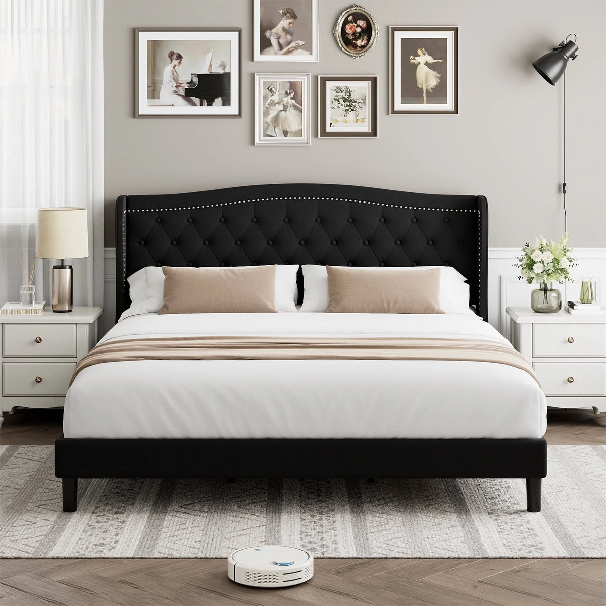 King Bed Frame with Wing-Back Button Tufted Upholstered Headboard A624594