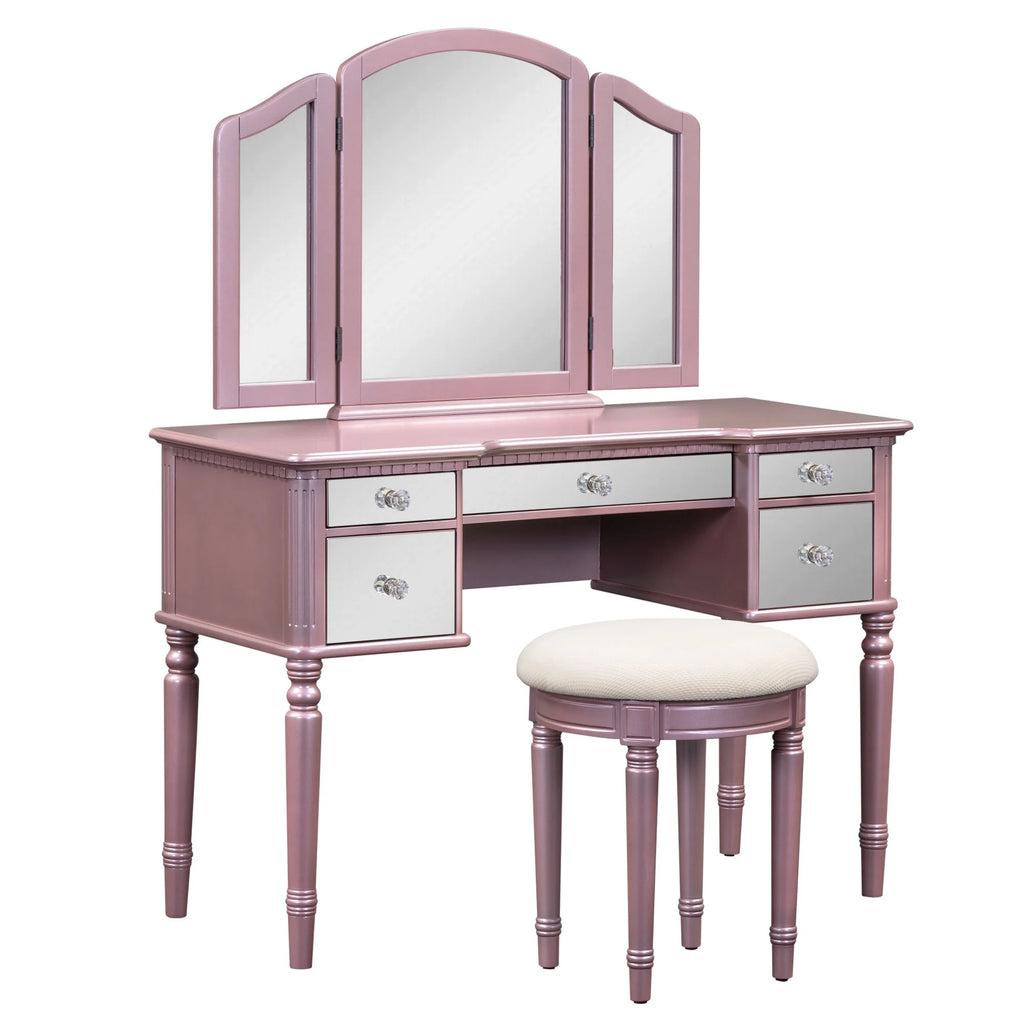 Pink Vanity Set with Tri-Fold Mirror and Stool Q434