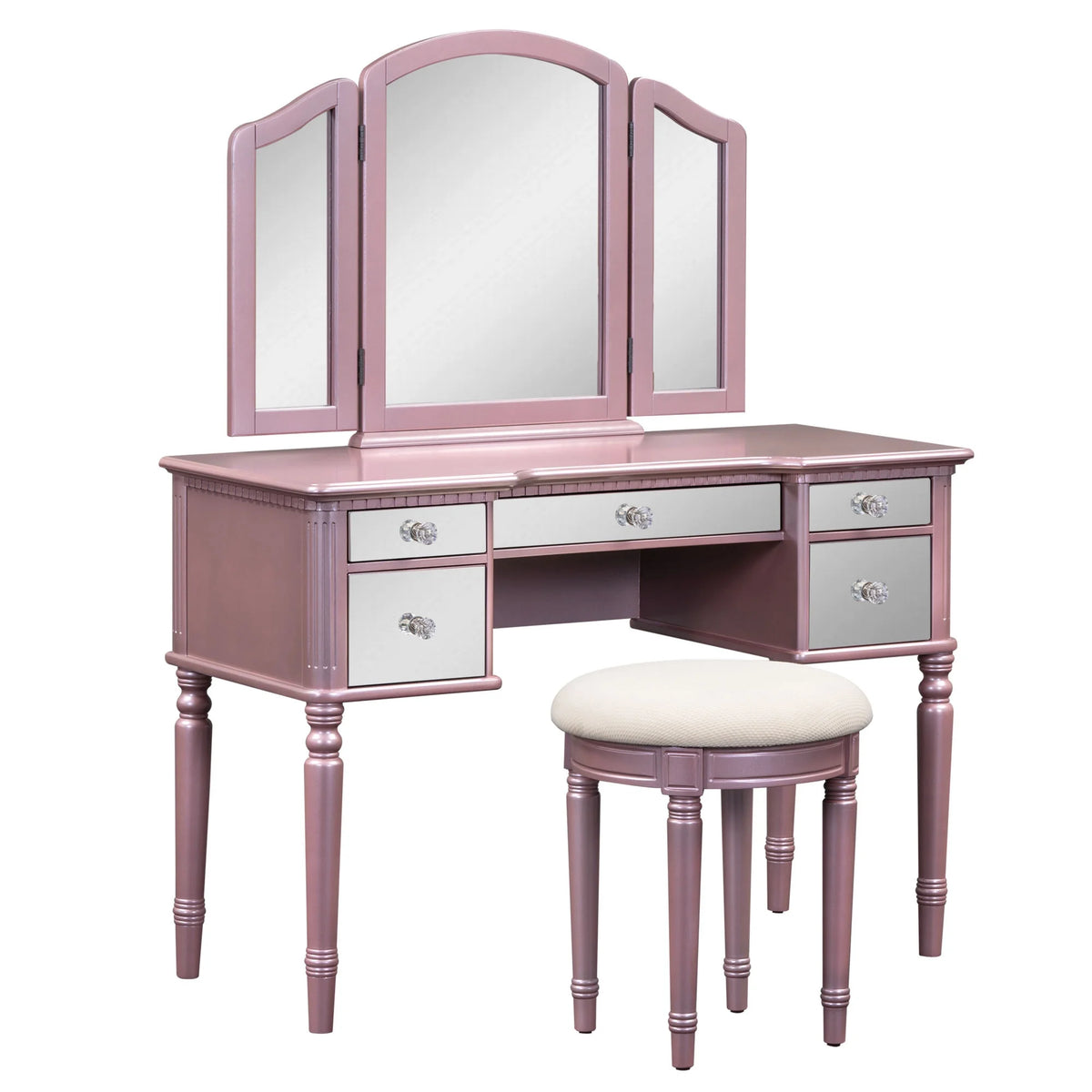 Pink Vanity Set with Tri-Fold Mirror and Stool Q434