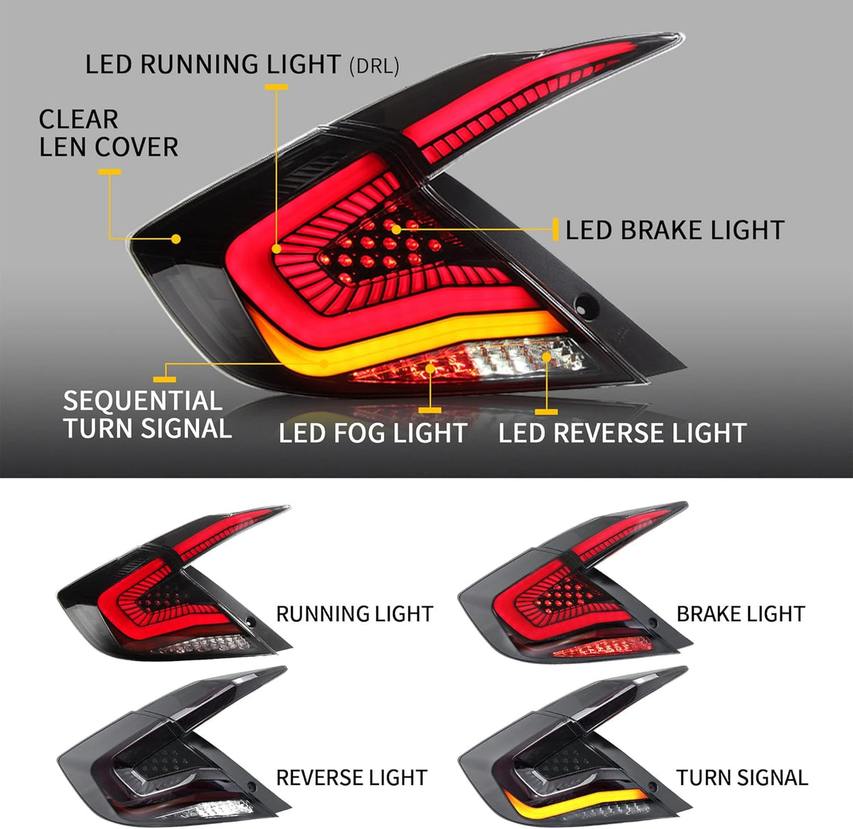 LED Clear Taillights Assembly for 2016-2020 Honda Civic Sedan, Set U77736