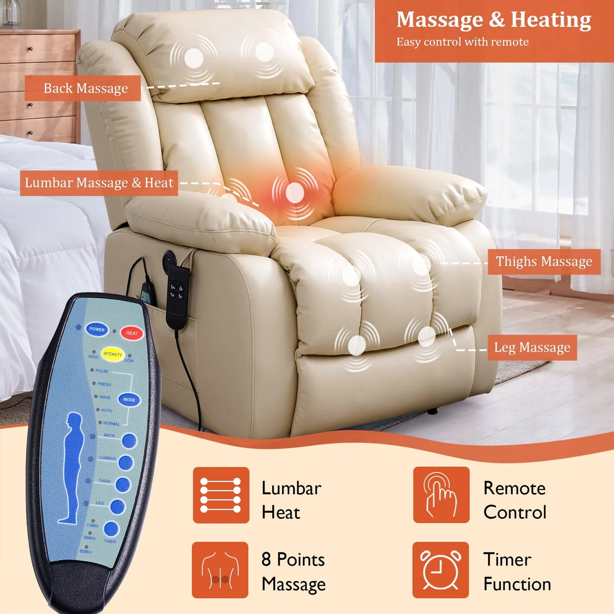 Brown Leather Dual Motor Lift Recliner Chair with Heat and Massage X30371