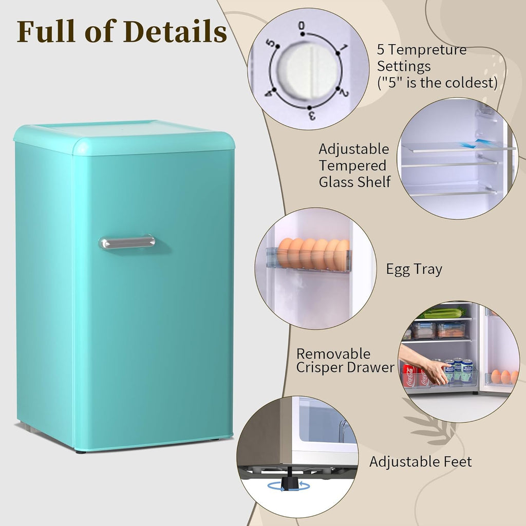 Retro Mini Fridge with Freezer 3.6 Cu.Ft. Single Door Blue O13335