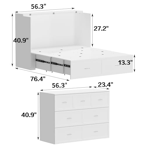 White Queen Size Murphy Cabinet Bed with Drawers N298845