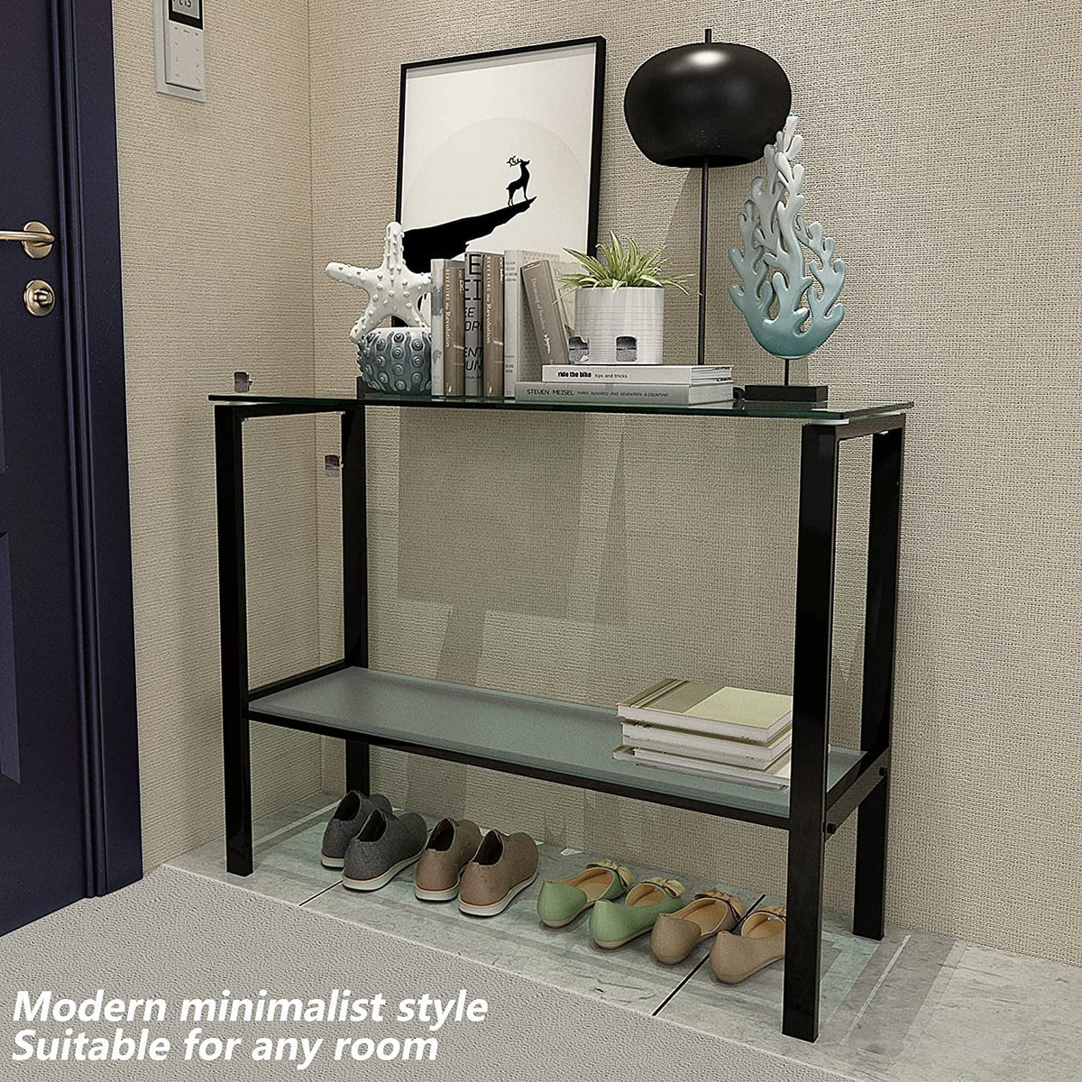Glass Console Table with Black Metal Leg, 2 Tier Storage P95906