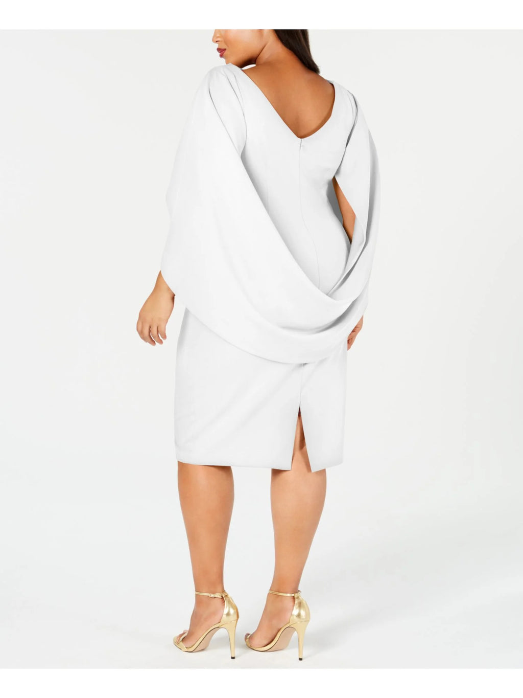 White Zippered Ruched Cape Sleeves V-back Round Neck Above The Knee Party Sheath Dress Plus 14W B977