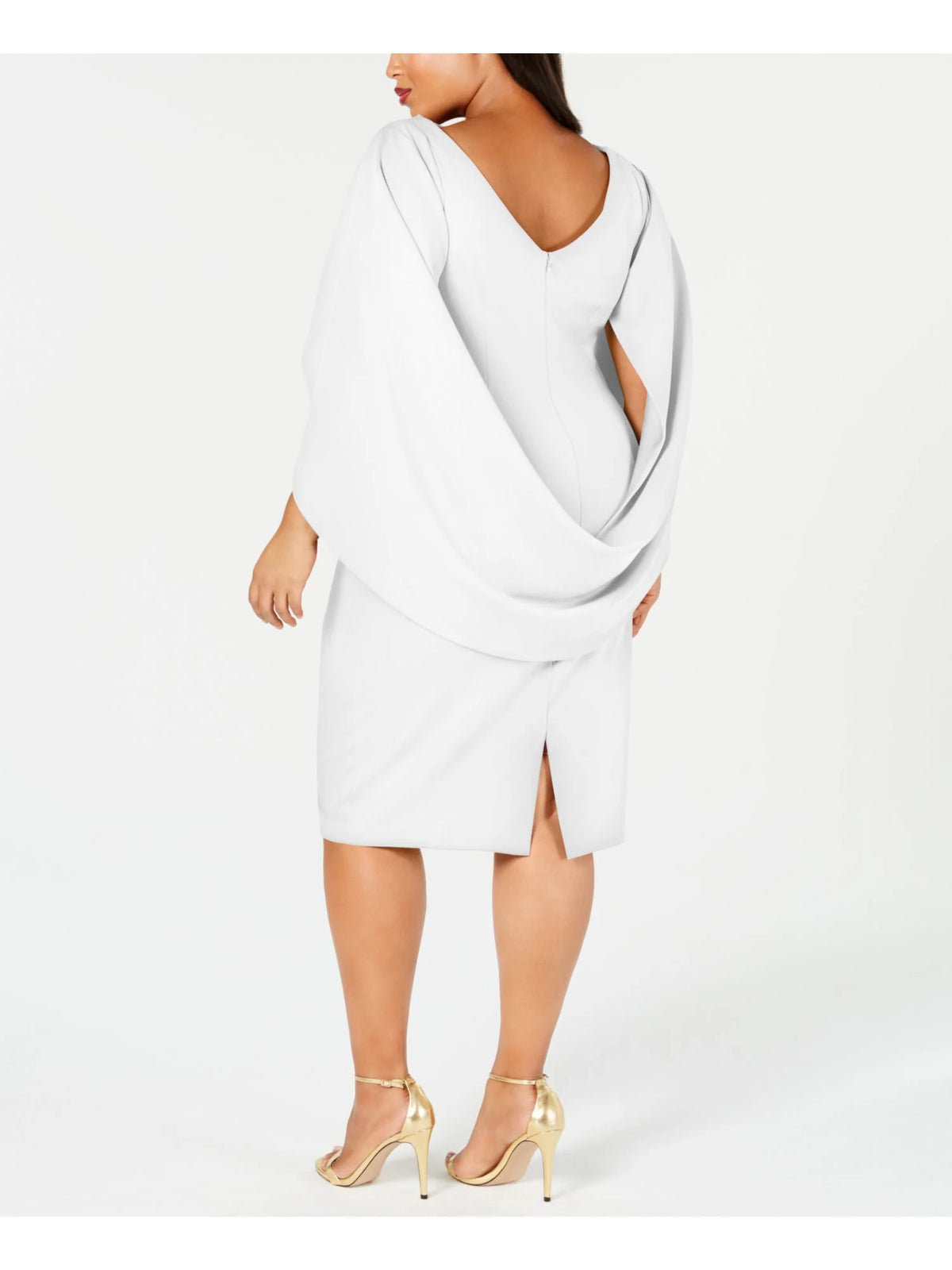White Zippered Ruched Cape Sleeves V-back Round Neck Above The Knee Party Sheath Dress Plus 14W B977