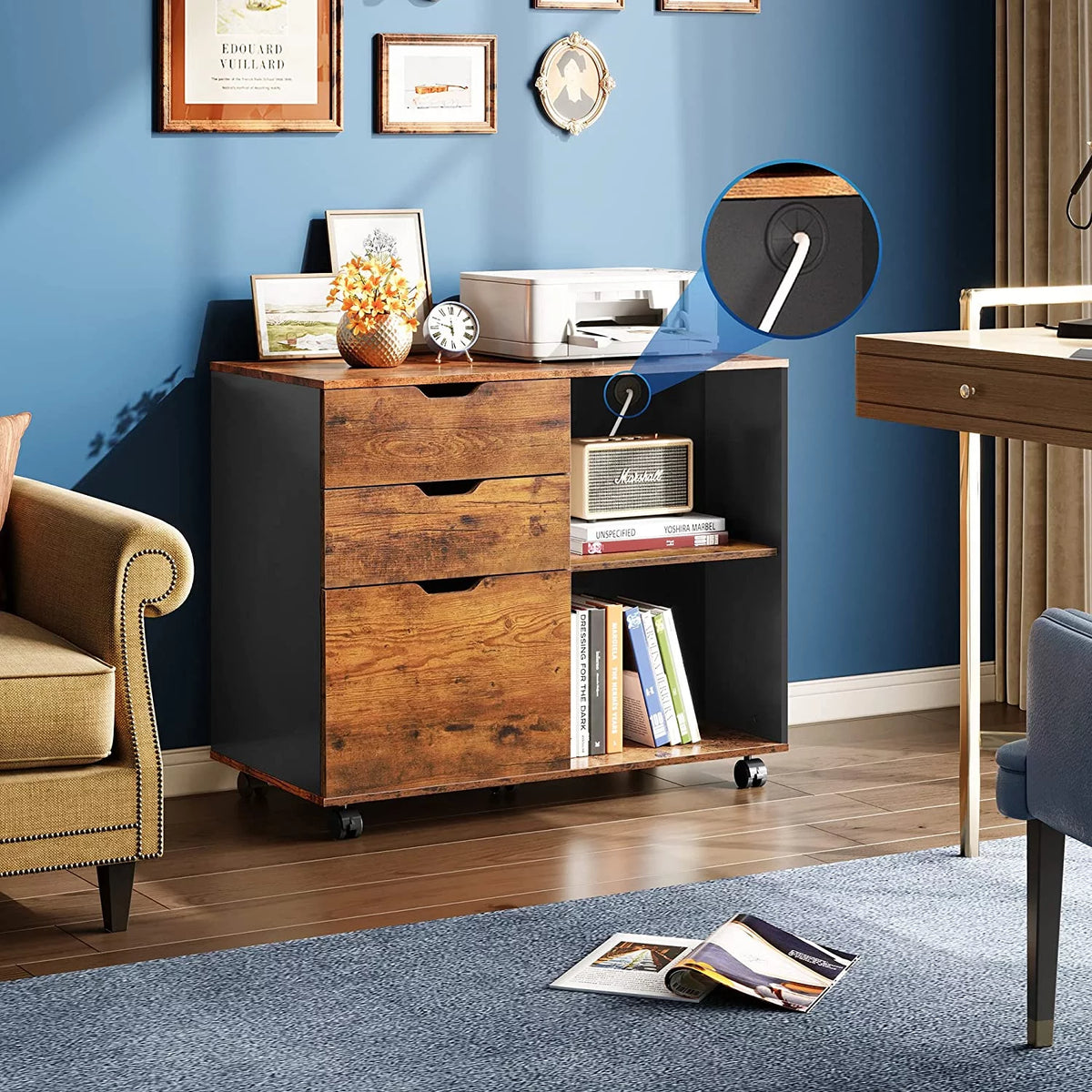 3 Drawer Rolling File Cabinet with Storage Shelves I199
