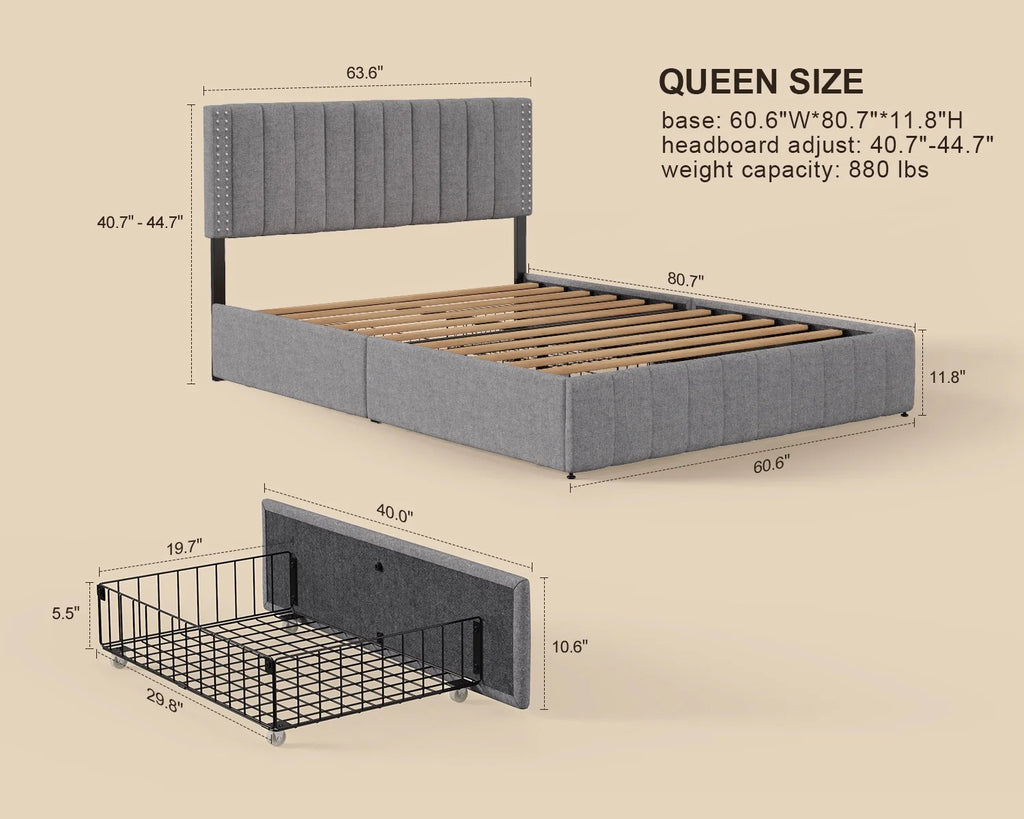 Queen Bed Frame with Adjustable Headboard and 4 Storage Drawers A9018