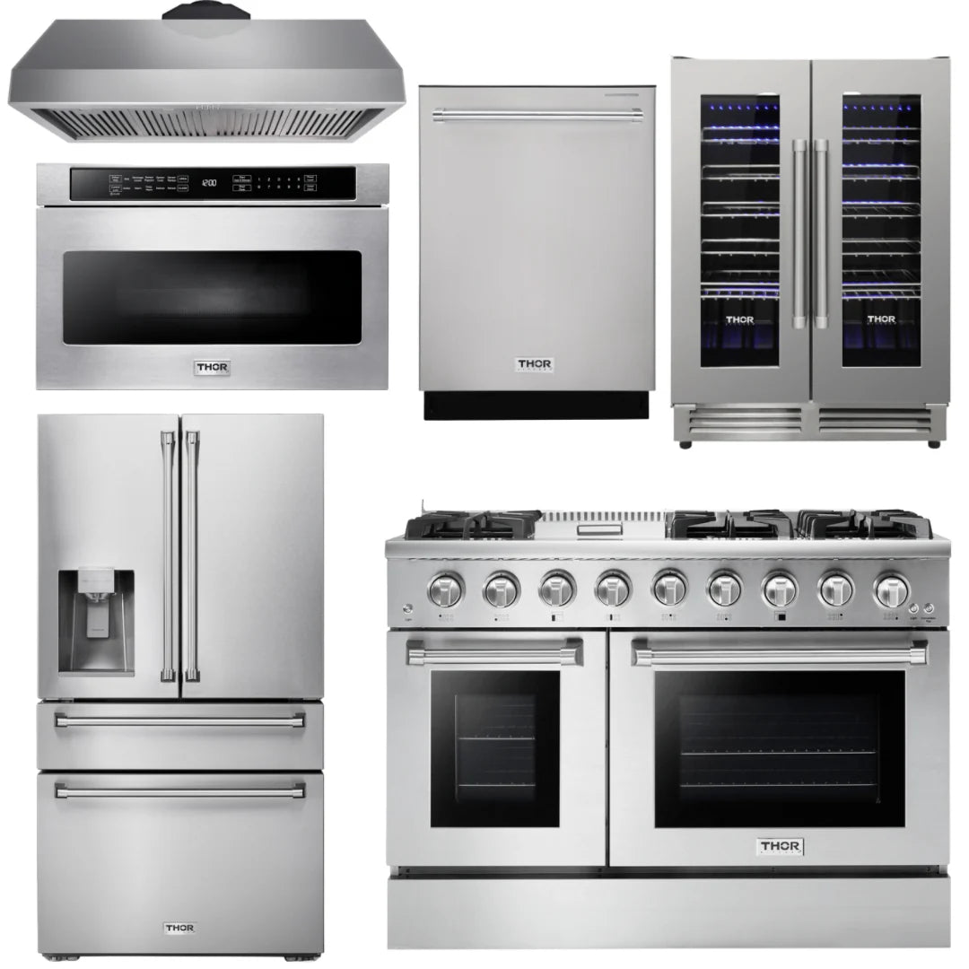 48 Gas Range, Range Hood, Refrigerator with Water and Ice Dispenser, Dishwasher, Microwave, Wine Cooler L737