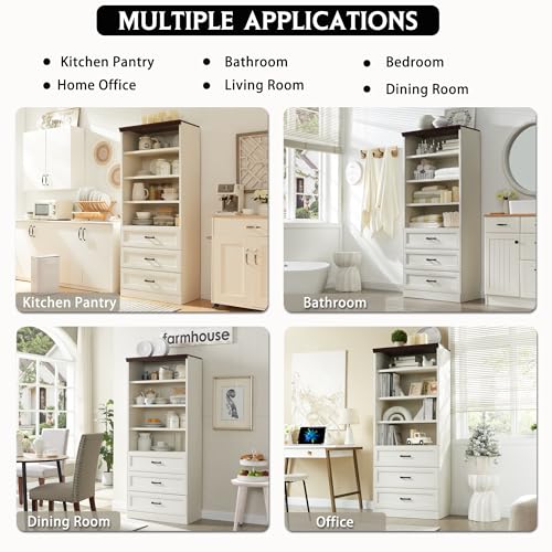 Antique White Tall Storage Cabinet with 3 Drawers and Adjustable Shelves Q5109