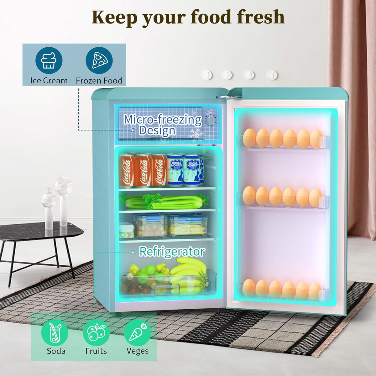 Retro Mini Fridge with Freezer 3.6 Cu.Ft. Single Door Blue O13335