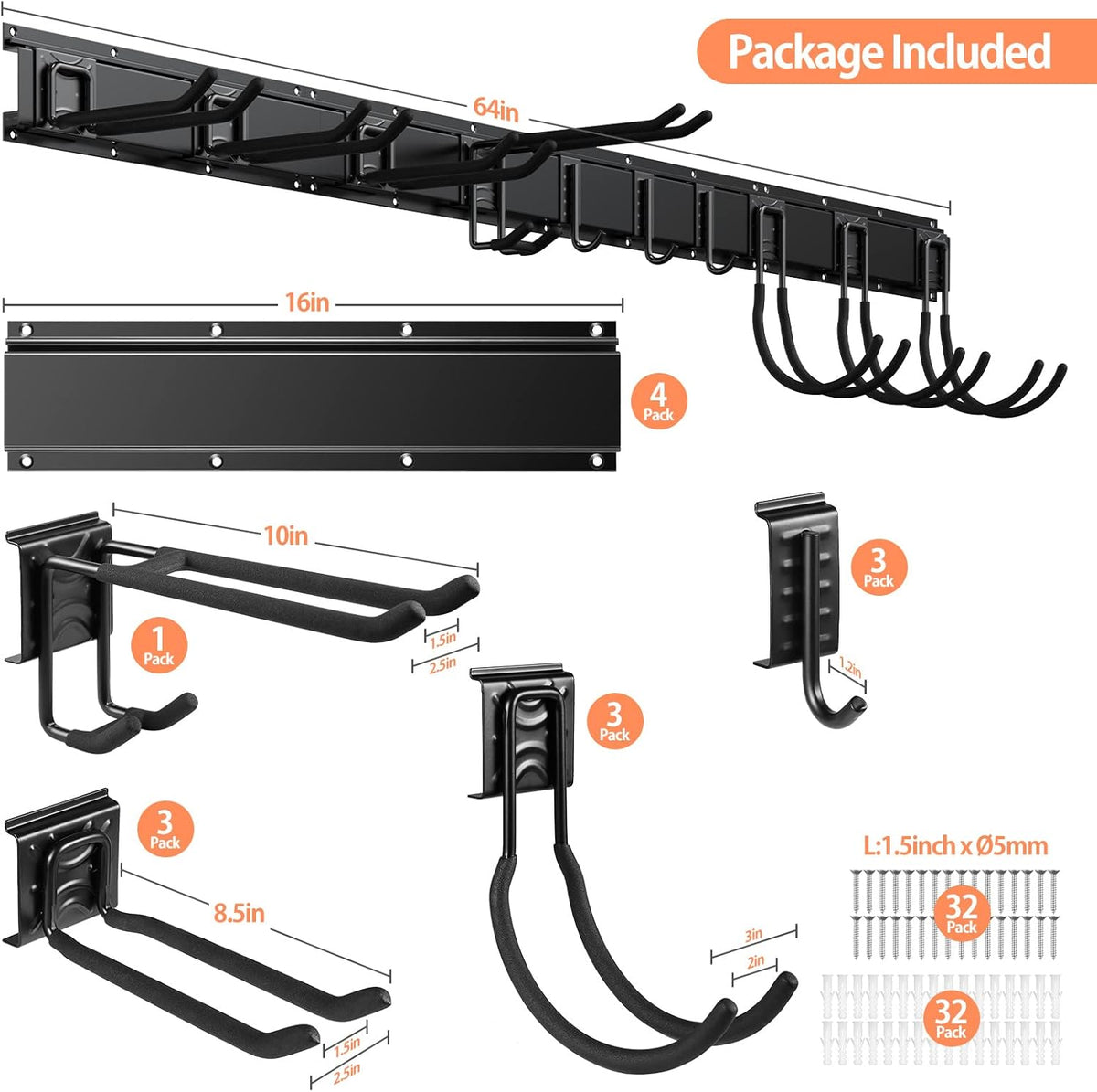 14 PCS Steel Garage Tool Organizer Wall Mounted with 10 Hooks G63966