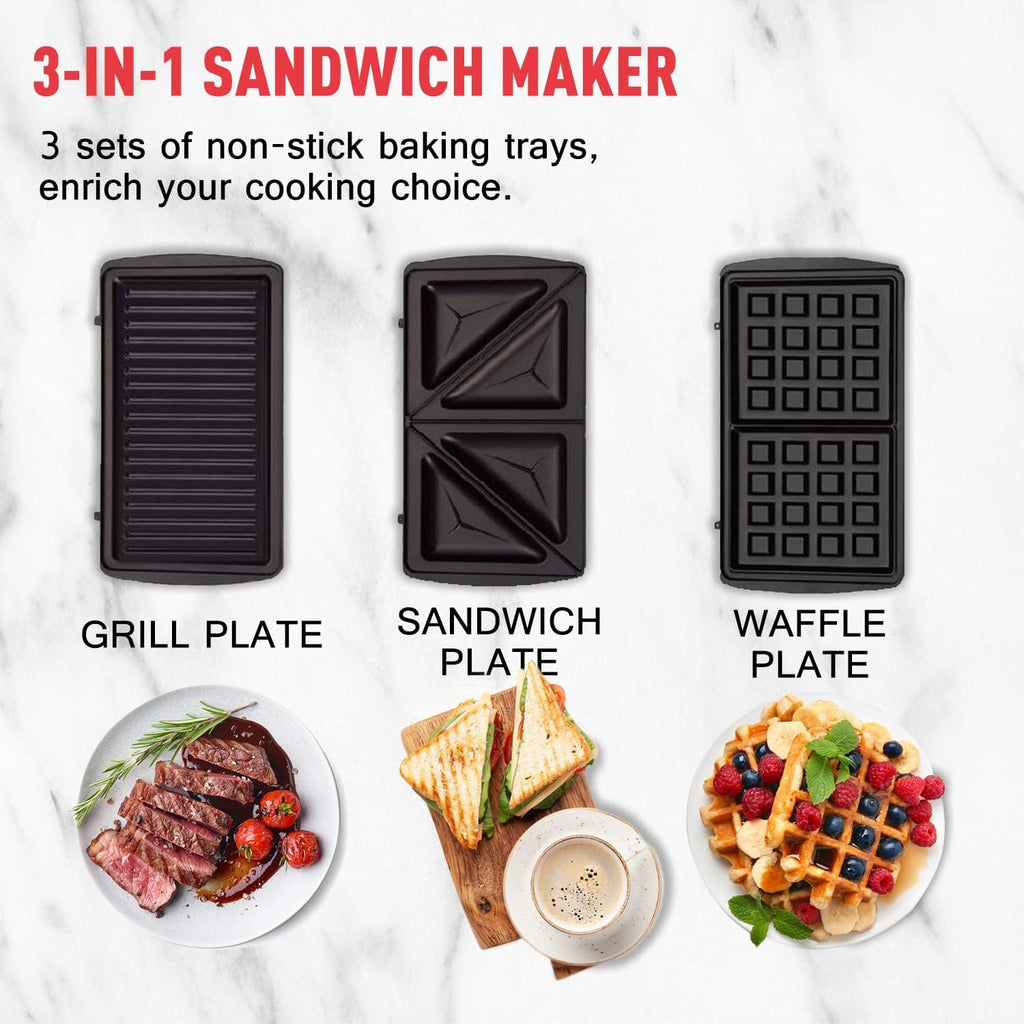 Black 3-in-1 Sandwich Maker and Waffle Iron with Non-stick Plate C2155
