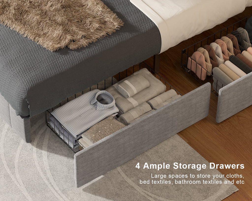 Queen Bed Frame with Adjustable Headboard and 4 Storage Drawers A9018