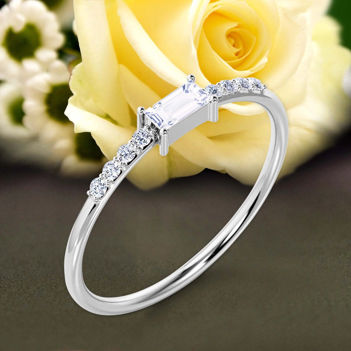 Emerald Cut Diamond Moissanite Engagement Ring in 10k Solid White Gold C13652
