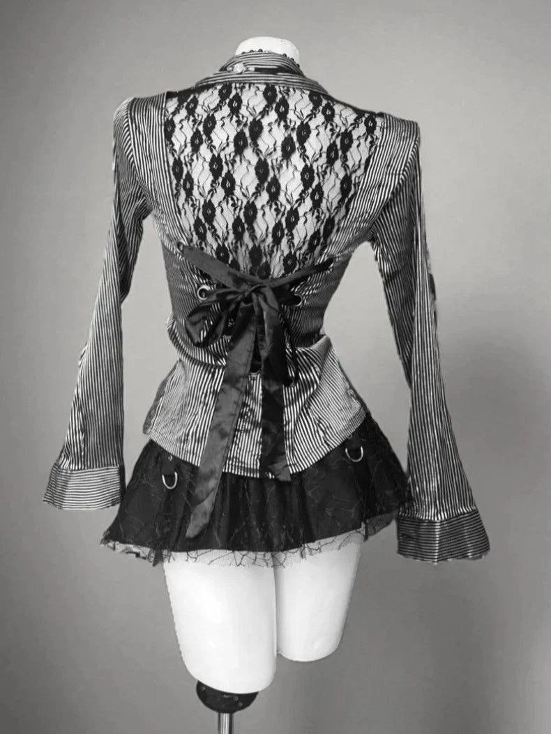 Lace Patchwork Bow-Tie Blouse & Mini Skirt Set F183066