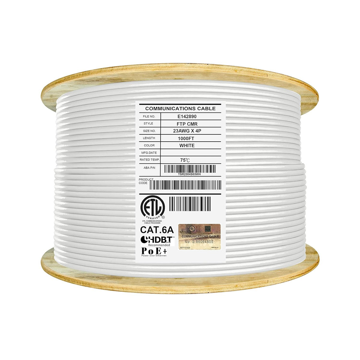 Bulk Ethernet Cable Reel, Cat6A Shielded Riser, 1000ft, FTP 23AWG, Solid Bare Copper, Blue R663594