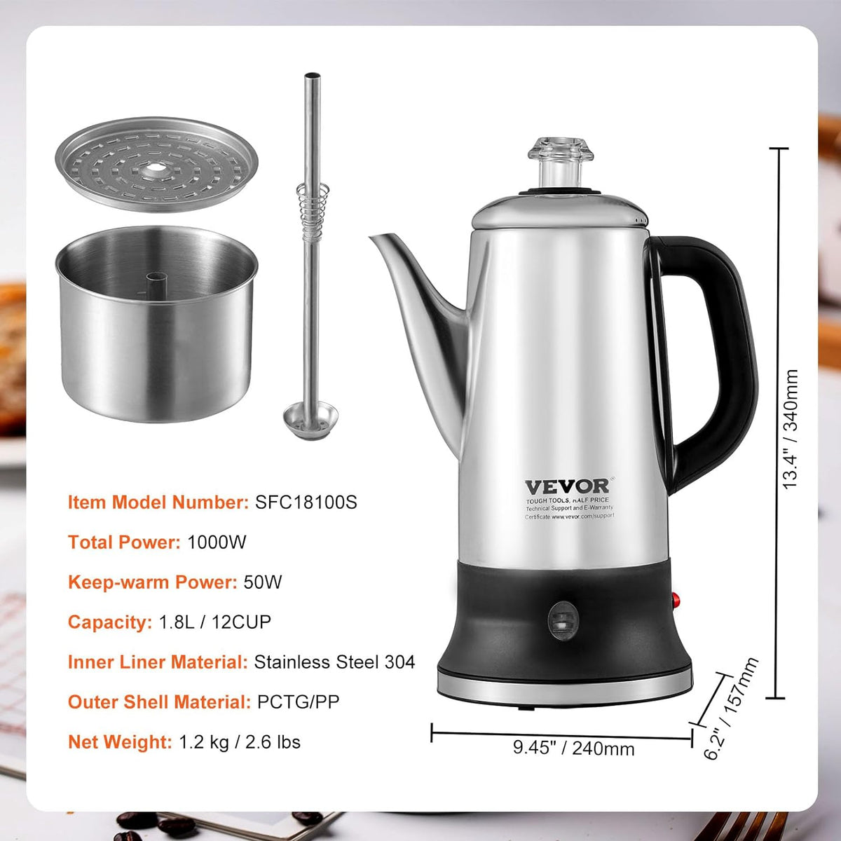 12-Cup 304 Stainless Steel Electric Coffee Percolator K404