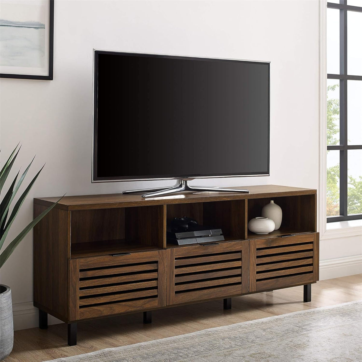 70 Inch Dark Walnut Slatted Wood TV Stand P111817