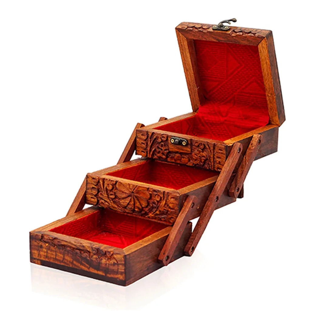 Hand Carved Wooden Jewelry Organizer with Lock U2492