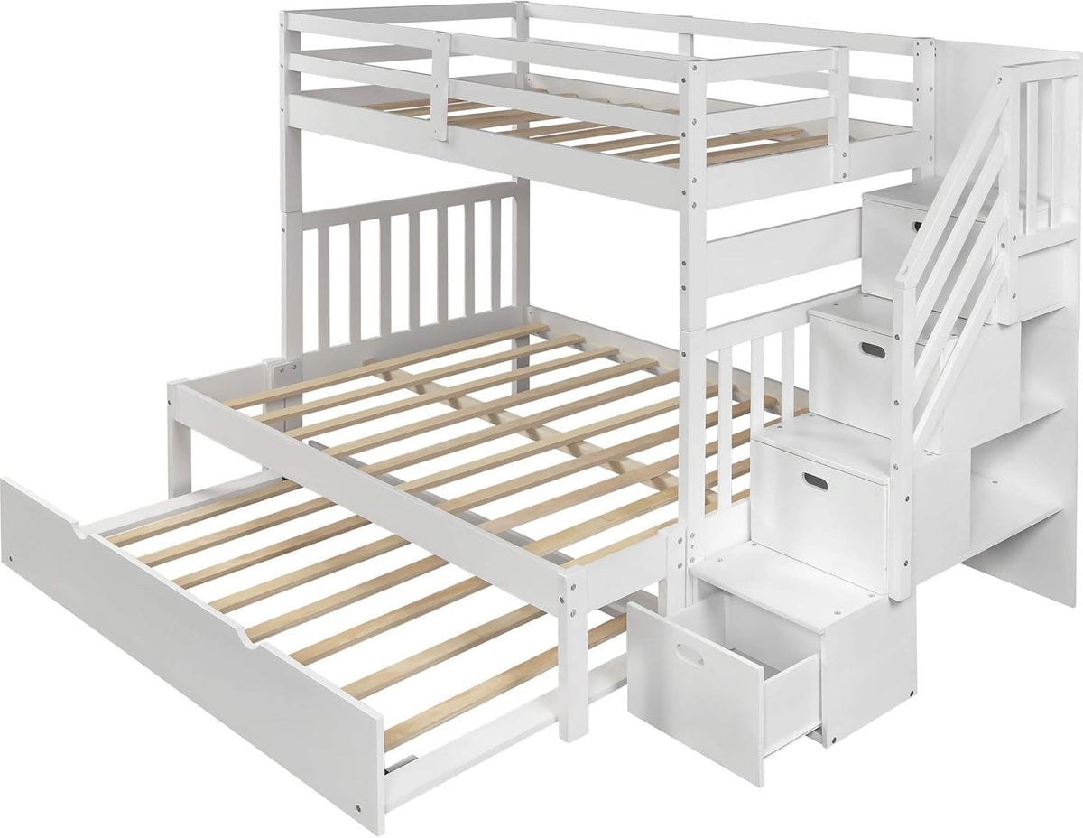 White Twin Over Twin Bunk with Trundle, 4 Drawers, and 3 Shelves F46042