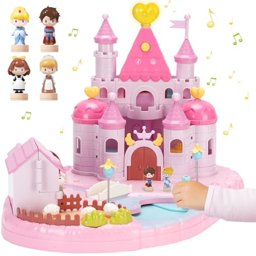 Castle Playset with 4 Magnetic Control Movable Toys, Magnetic Doll House Building Toys with Light & Music（Pink） W83437