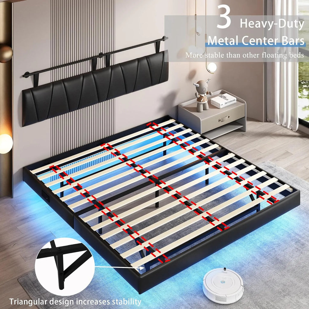 King Size Floating Upholstered Platform Bed with LED Light & Power Charging Station Y1558
