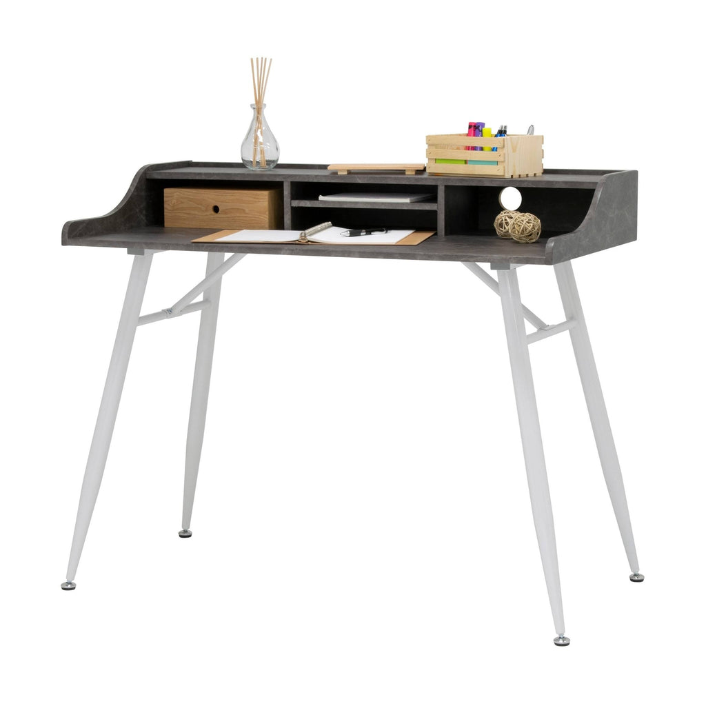 Wide Modern Writing Desk with Storage Hutch and Metal Tapered Legs J744