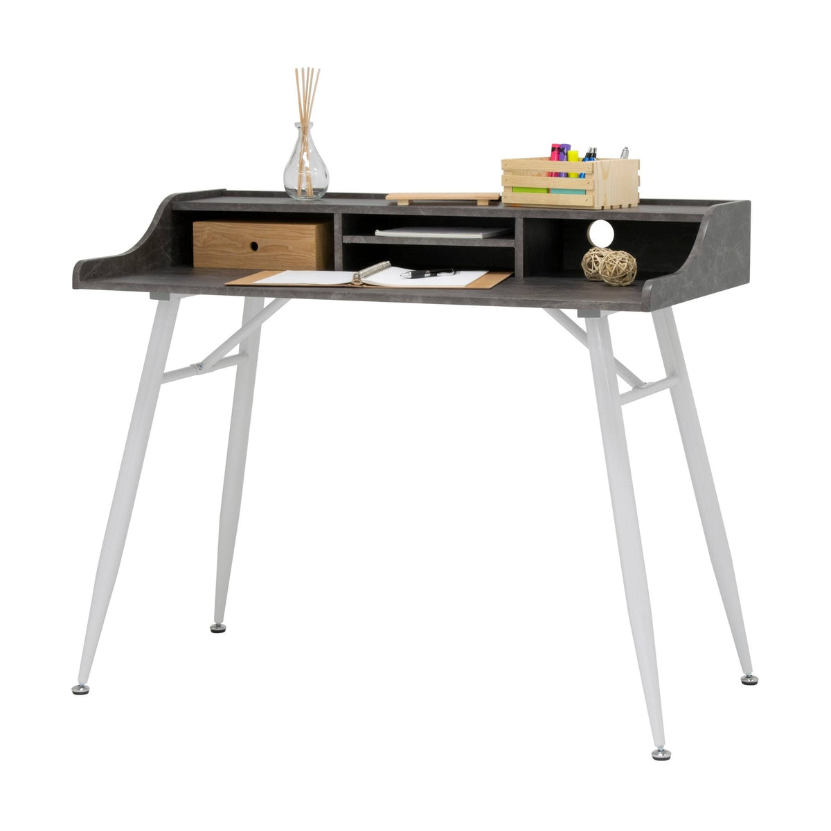 Wide Modern Writing Desk with Storage Hutch and Metal Tapered Legs J744