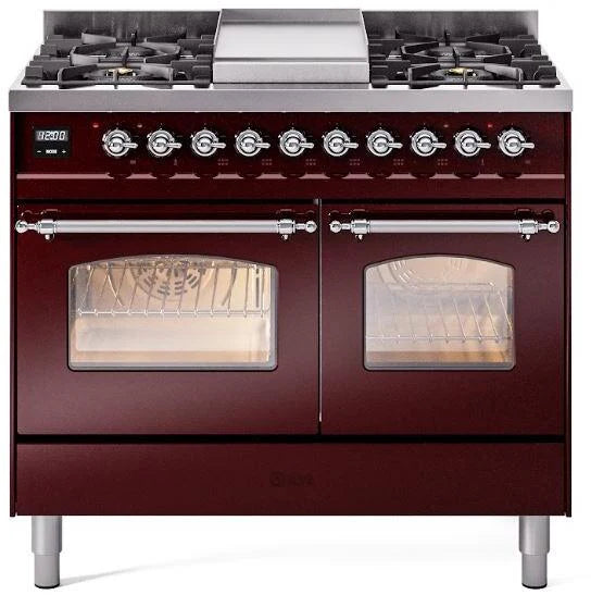 40 Dual Fuel Natural Gas Range in Burgundy with Chrome Trim L7318