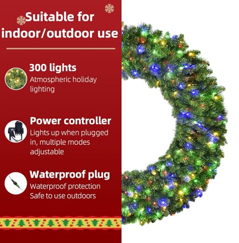 48in Large Christmas Outdoor Wreath with 210 Colorful LEDs, 714 PVC Tips, Metal Hook W141