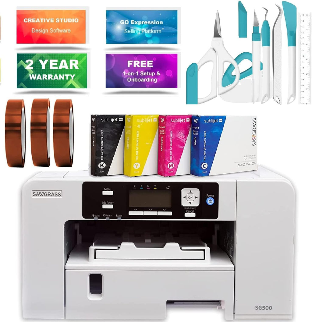 White Sublimation Printer Starter Bundle with Paper, Inks, Tapes, Dust Cover & 7-Piece Craft Tool Set B4269