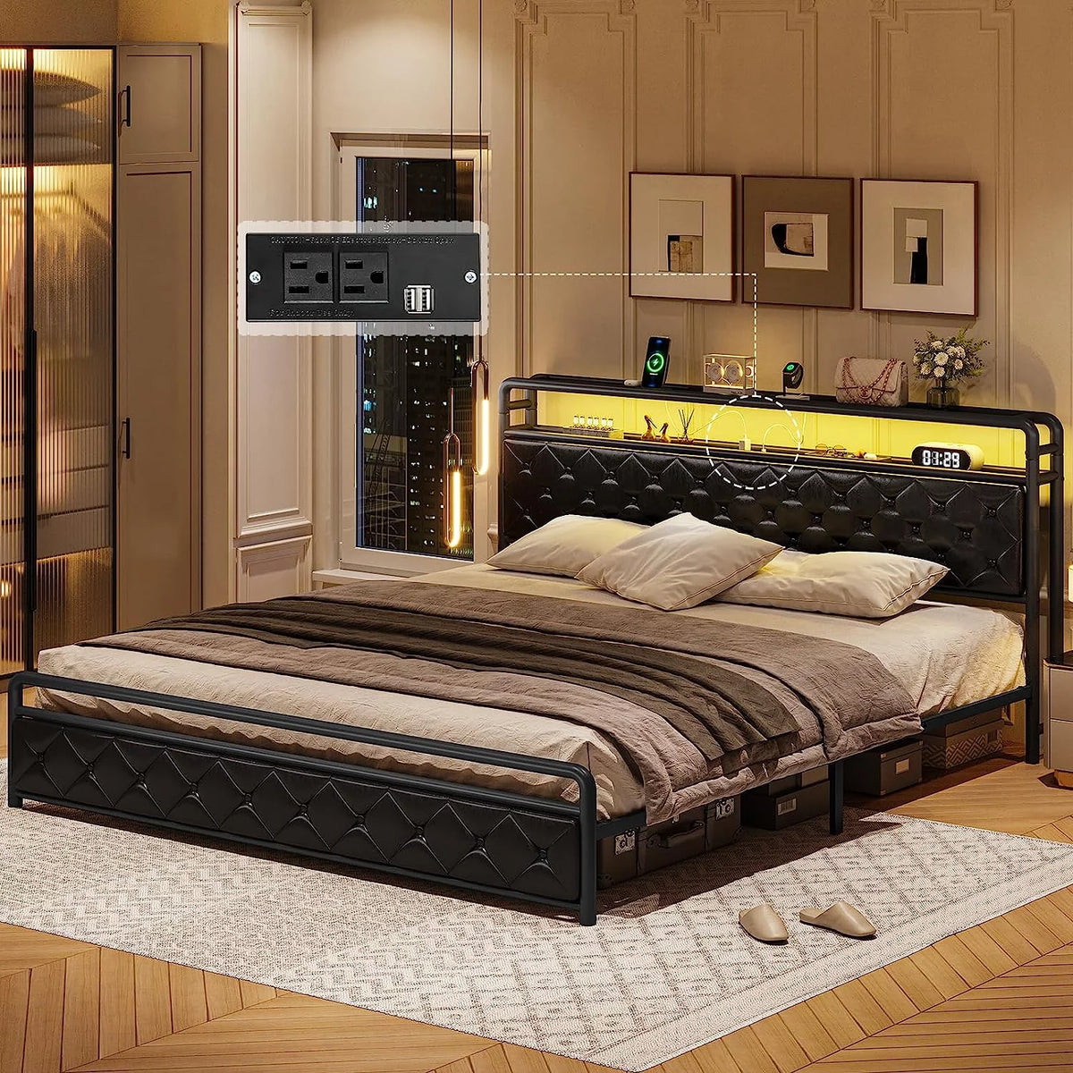 King Size Faux Leather Upholstered Platform Bed with LED Headboard J113618