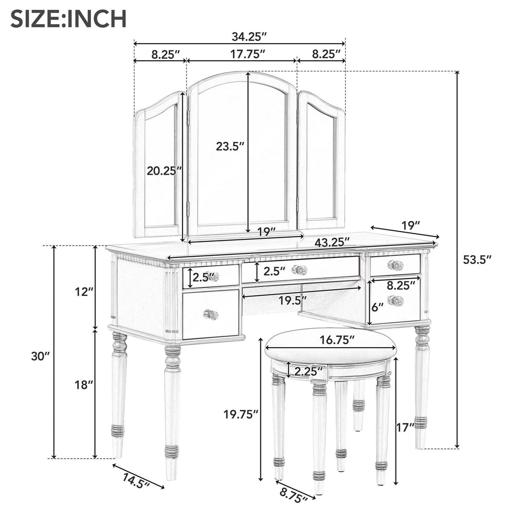 Pink Vanity Set with Tri-Fold Mirror and Stool Q434