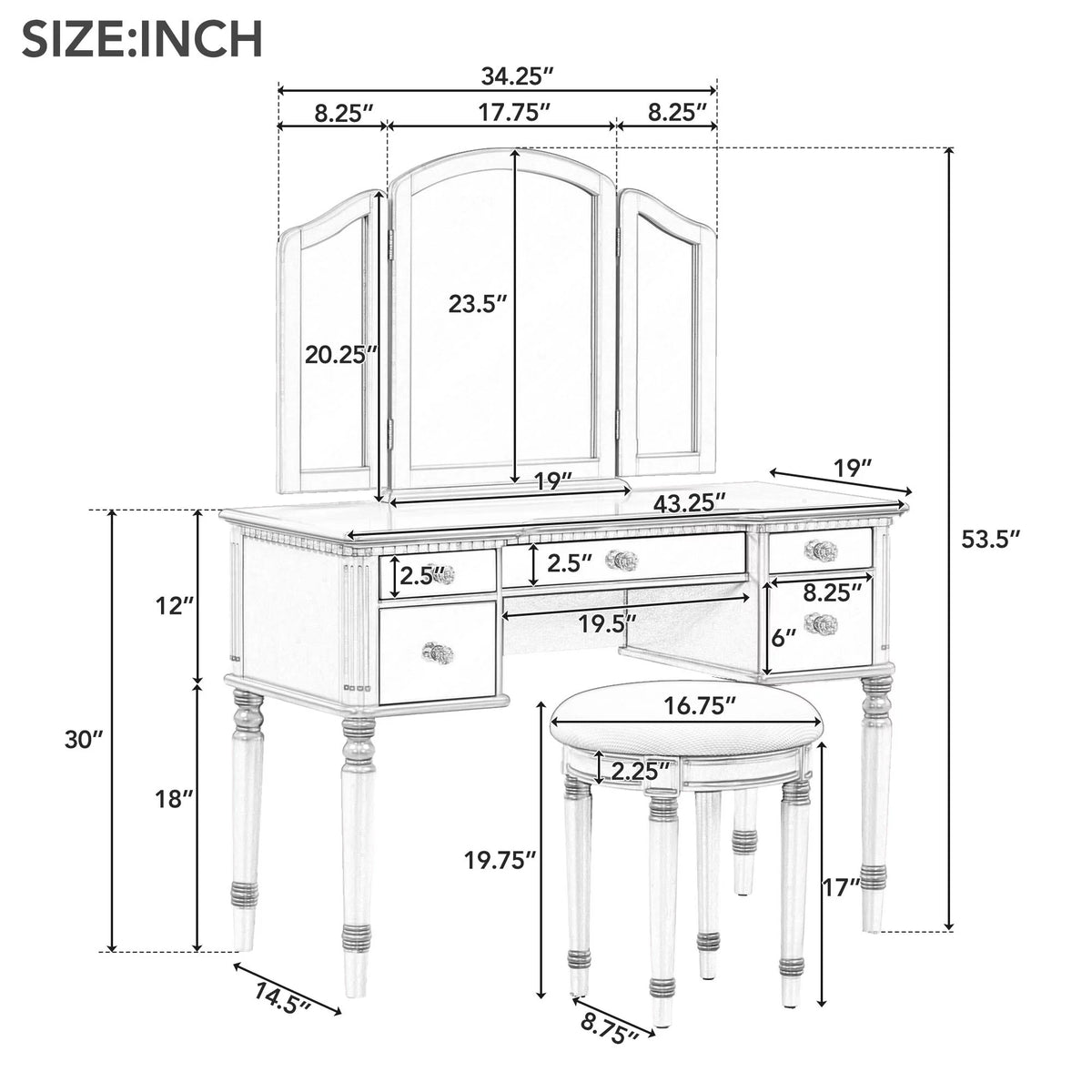 Pink Vanity Set with Tri-Fold Mirror and Stool Q434