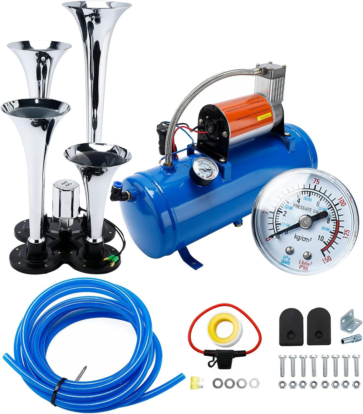 150DB Train Horns Kit with 120 PSI 12V Compressor and Gauge J763