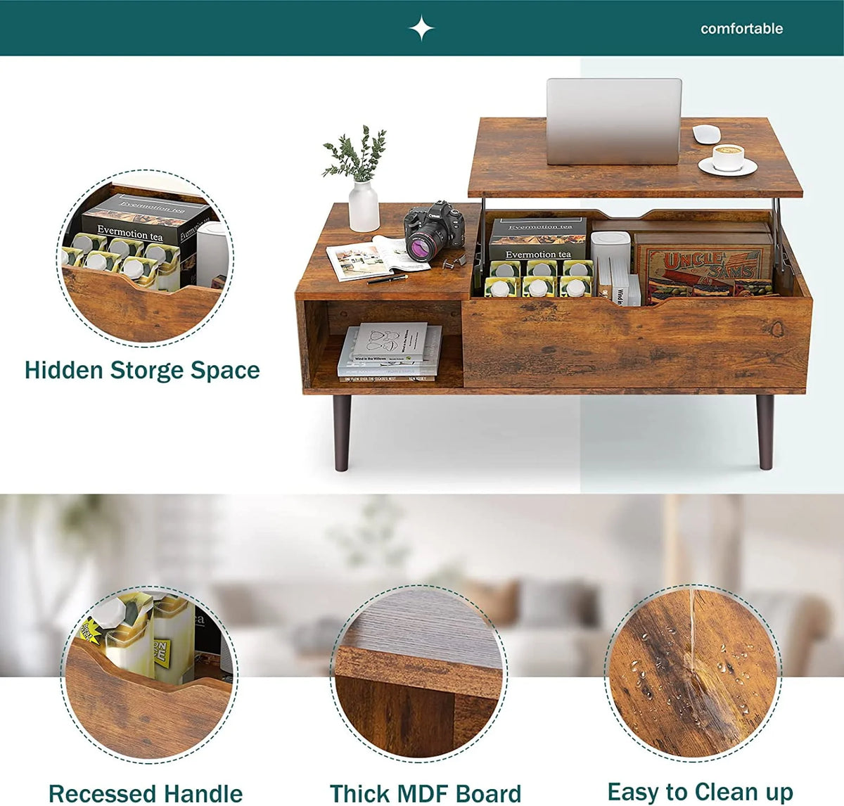 Adjustable Height Wooden Coffee Table with Hidden Compartments and Shelves A365179