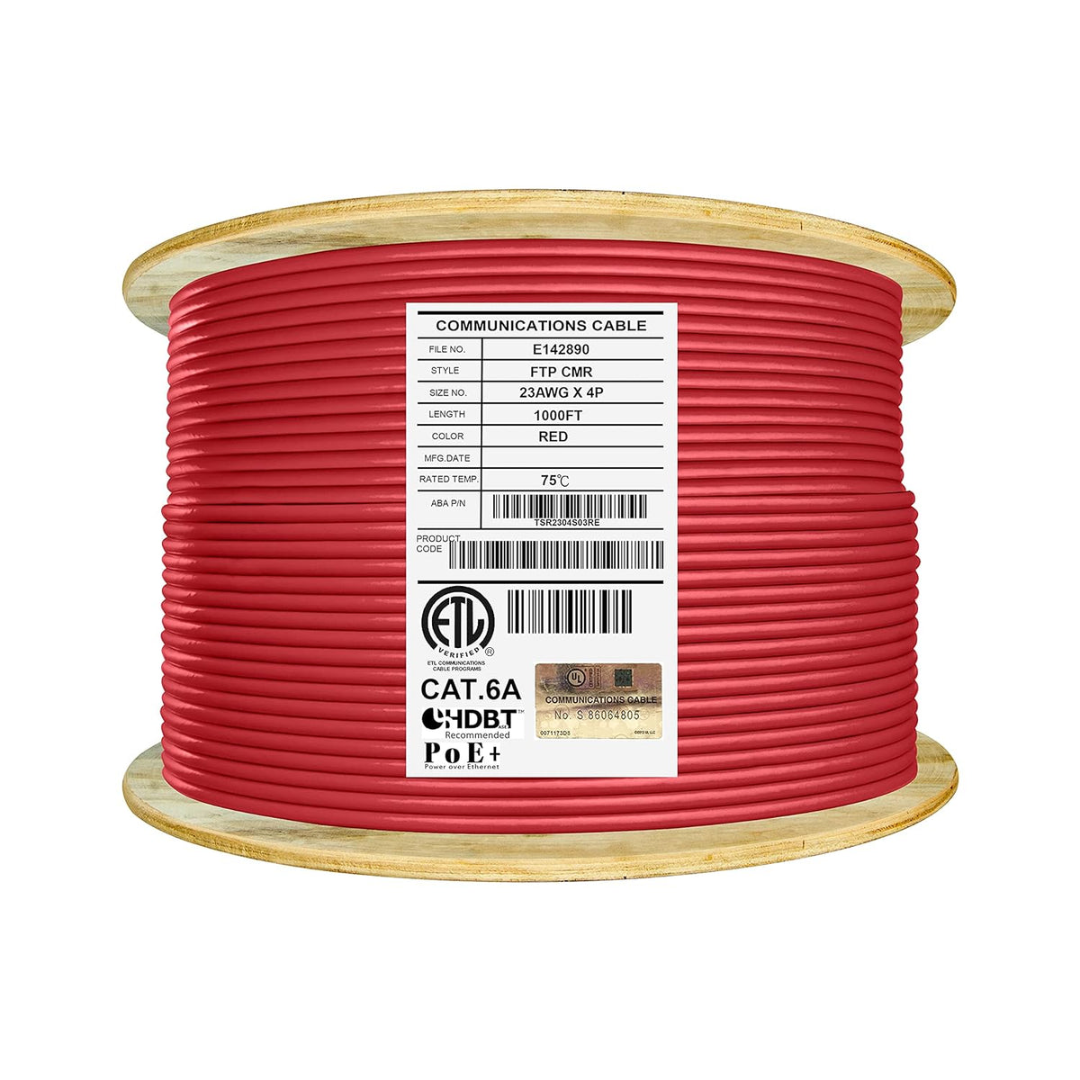 Bulk Ethernet Cable Reel, Cat6A Shielded Riser, 1000ft, FTP 23AWG, Solid Bare Copper, Blue R663594