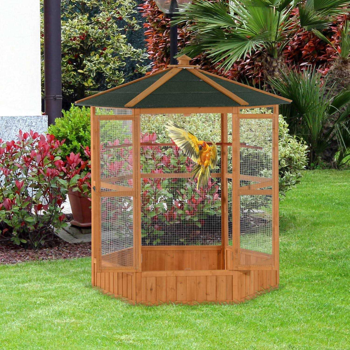 Large Wooden Hexagonal Outdoor Aviary Bird Cage with Covered Roof A810757