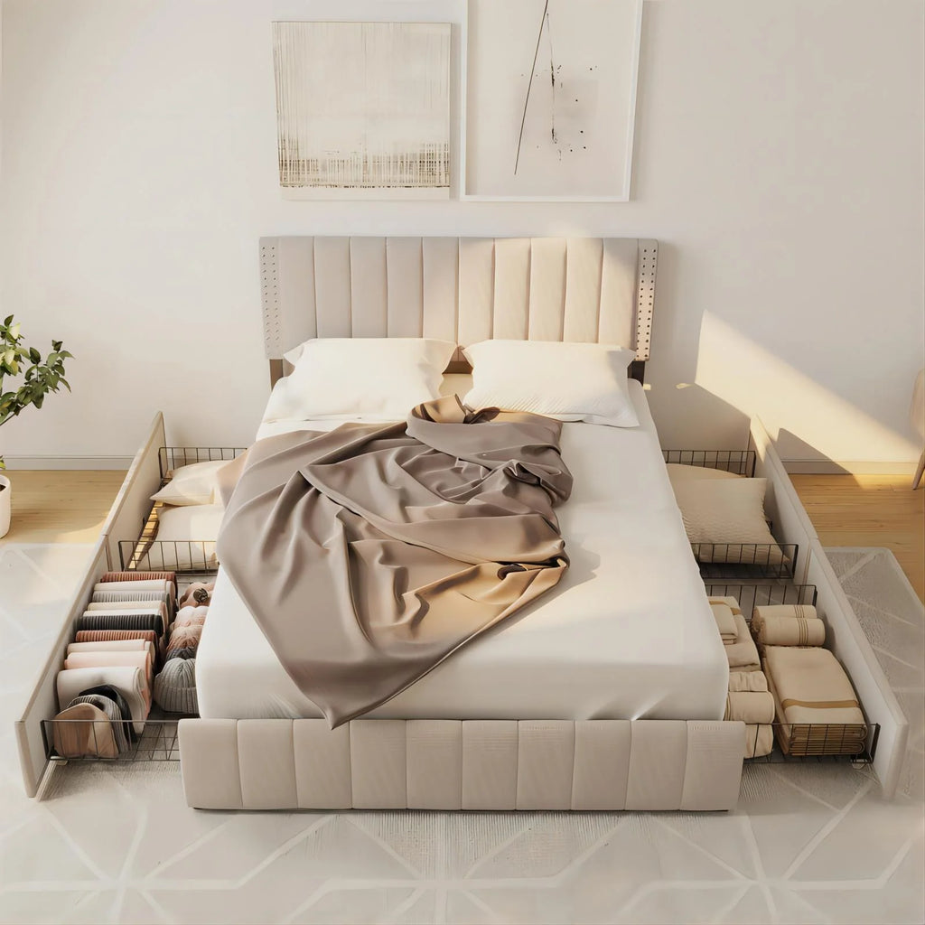 Queen Bed Frame with Adjustable Headboard and 4 Storage Drawers A9018