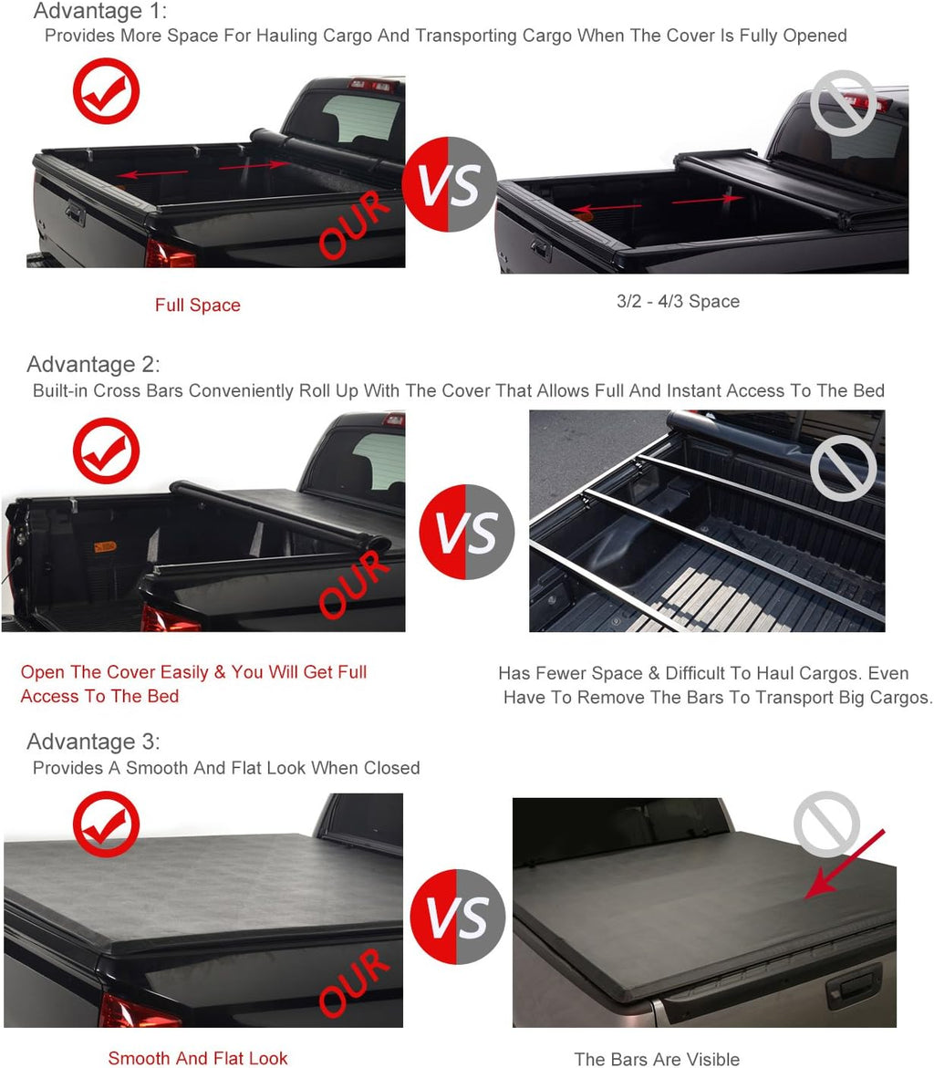 Black Vinyl Soft Roll-up Truck Bed Tonneau Cover with Rails J1292